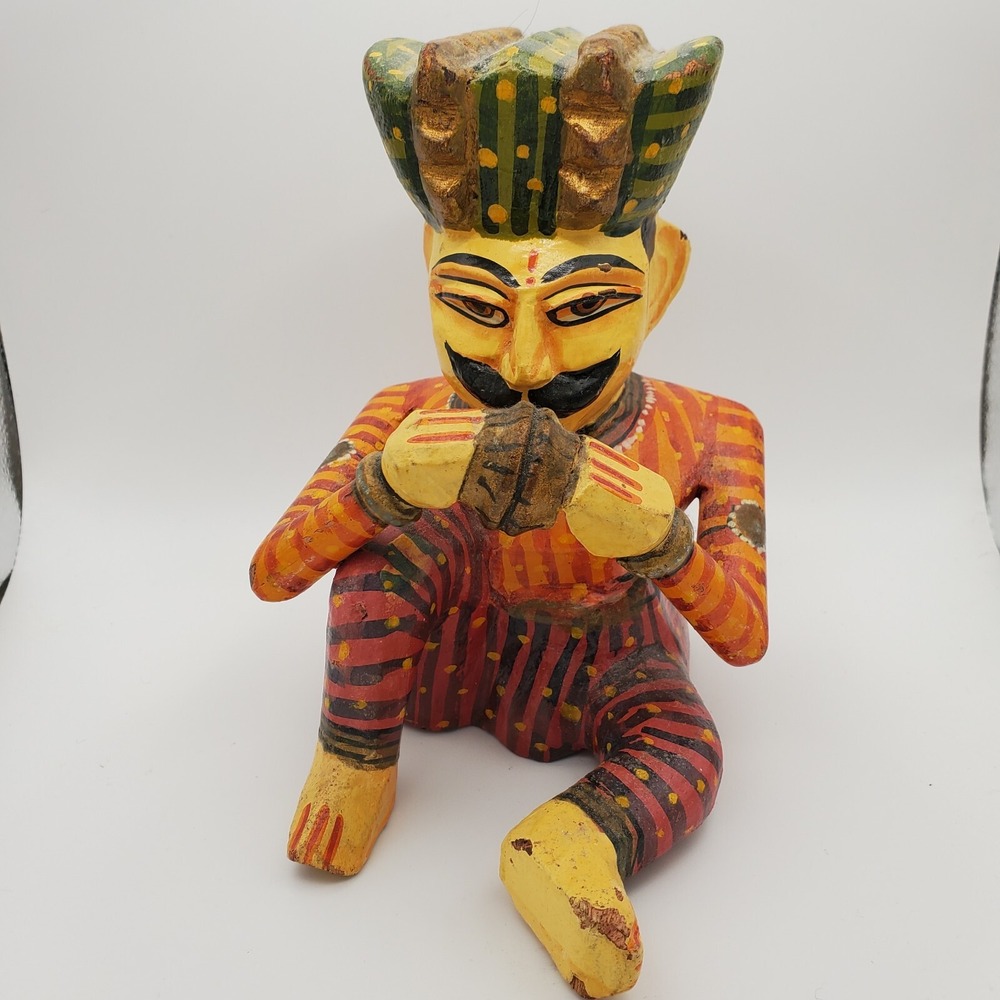 Rajasthani Art Sitting Musician Taal Manjira Wooden Figurine Hand Painted 6"